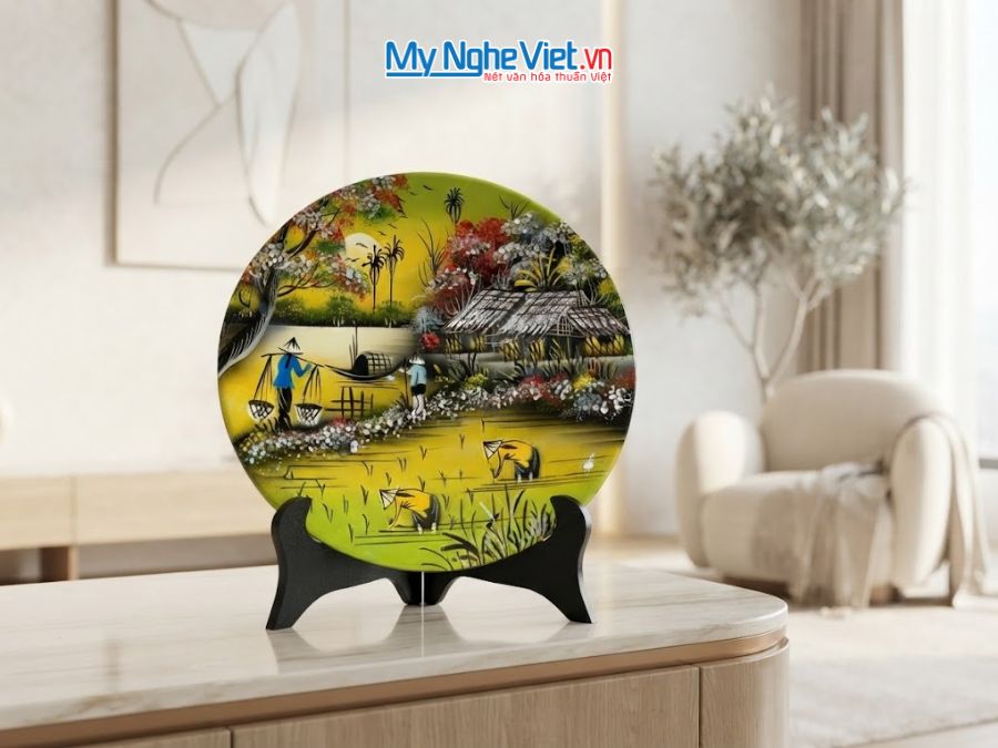 Tranh Đĩa Sơn Mài Đồng Quê Màu Xanh Lá D25cm TD25-2.4