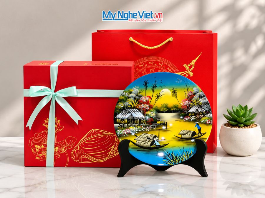 Tranh Đĩa Sơn Mài Đồng Quê Màu Xanh Dương D25cm TD25-2.2