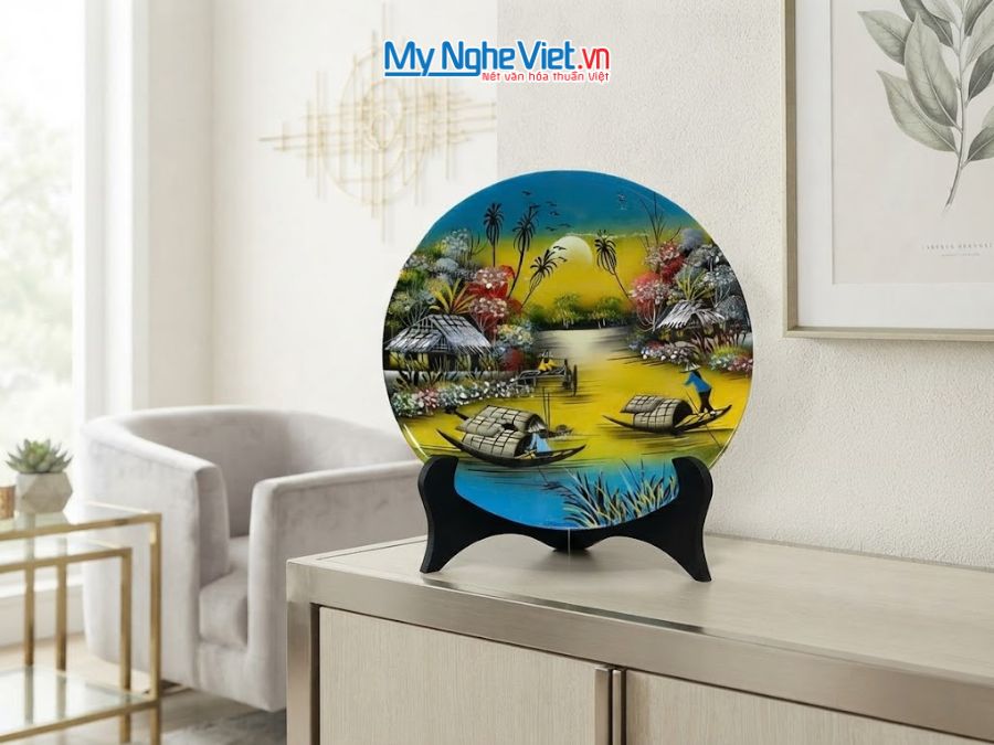 Tranh Đĩa Sơn Mài Đồng Quê Màu Xanh Dương D25cm TD25-2.2