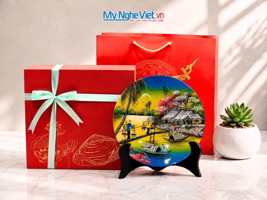 Tranh Đĩa Sơn Mài Đồng Quê Màu Xanh Dương D25cm TD25-2.5