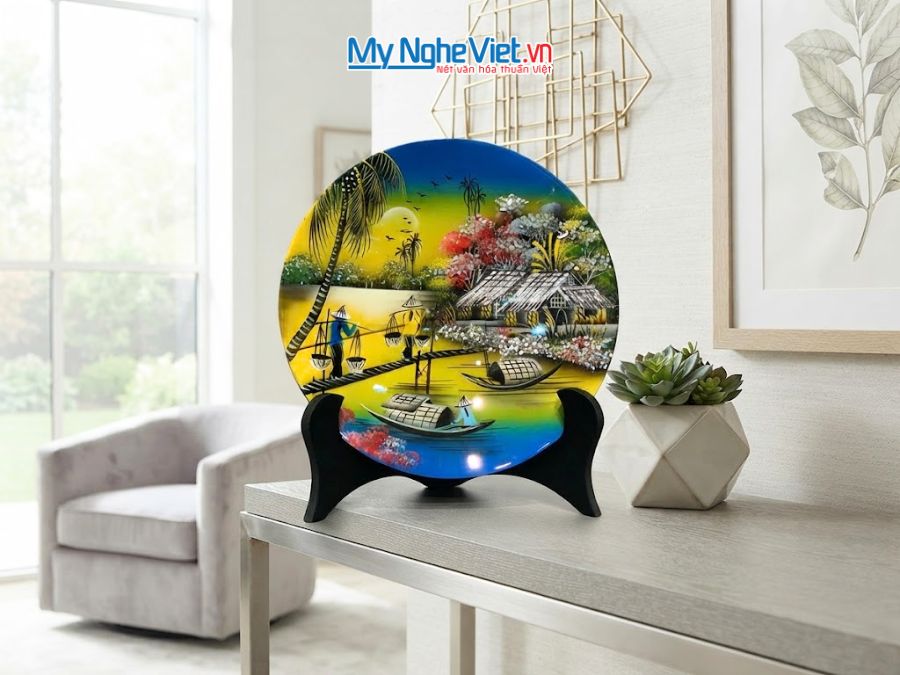 Tranh Đĩa Sơn Mài Đồng Quê Màu Xanh Dương D25cm TD25-2.5