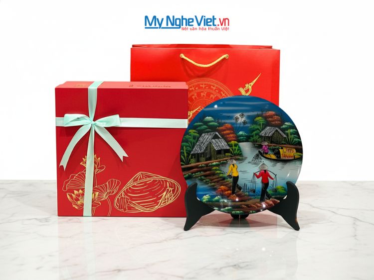 Tranh Đĩa Sơn Mài Đồng Quê Màu Xanh Dương D25cm TD25-2