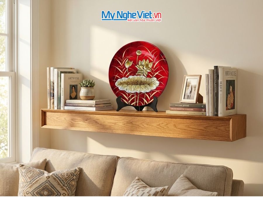 Tranh Đĩa Sơn Mài Hoa Sen Đắp Nổi Nền Đỏ D25cm TD25V.1