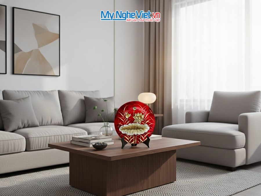 Tranh Đĩa Sơn Mài Hoa Sen Đắp Nổi Nền Đỏ D25cm TD25V.1