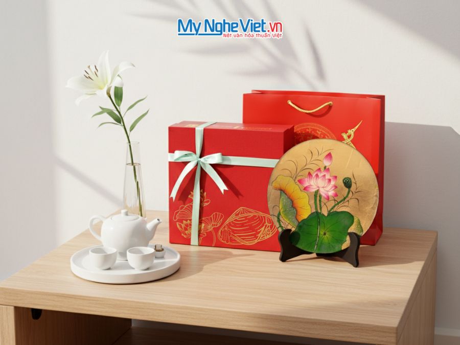 Tranh Đĩa Sơn Mài Hoa Sen Nền Vàng Nhiều Mẫu D25cm TD25-TBL14