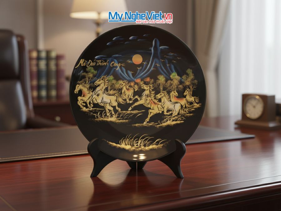 Tranh Đĩa Sơn Mài Mã Đáo Thành Công Đắp Nổi D35cm MNV-TD358