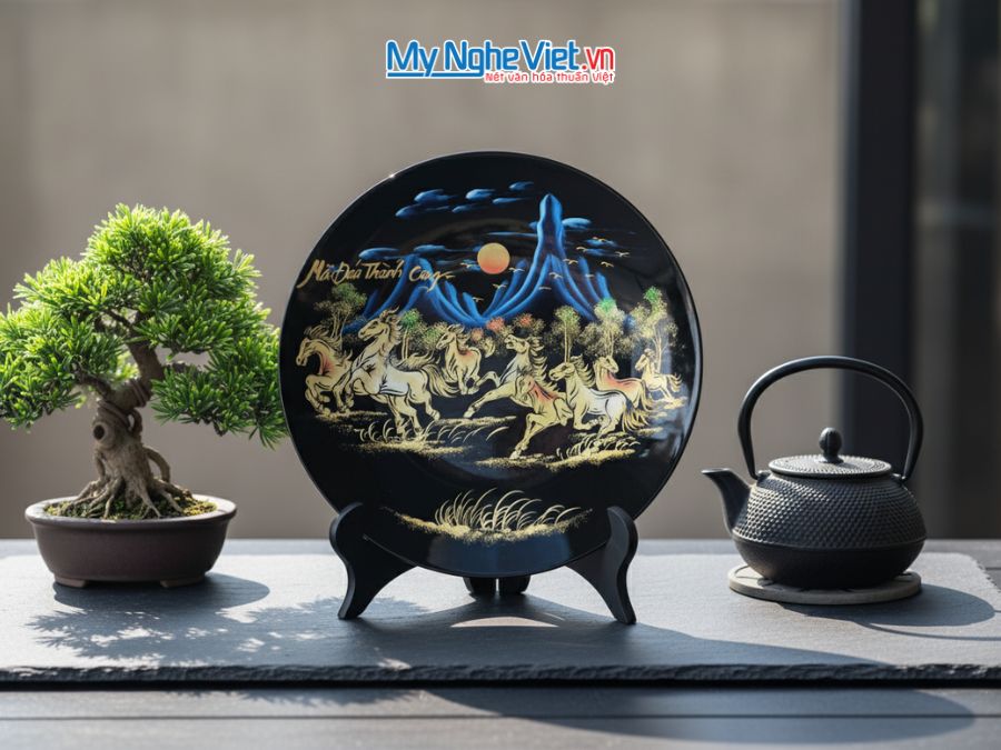Tranh Đĩa Sơn Mài Mã Đáo Thành Công Đắp Nổi D35cm MNV-TD358