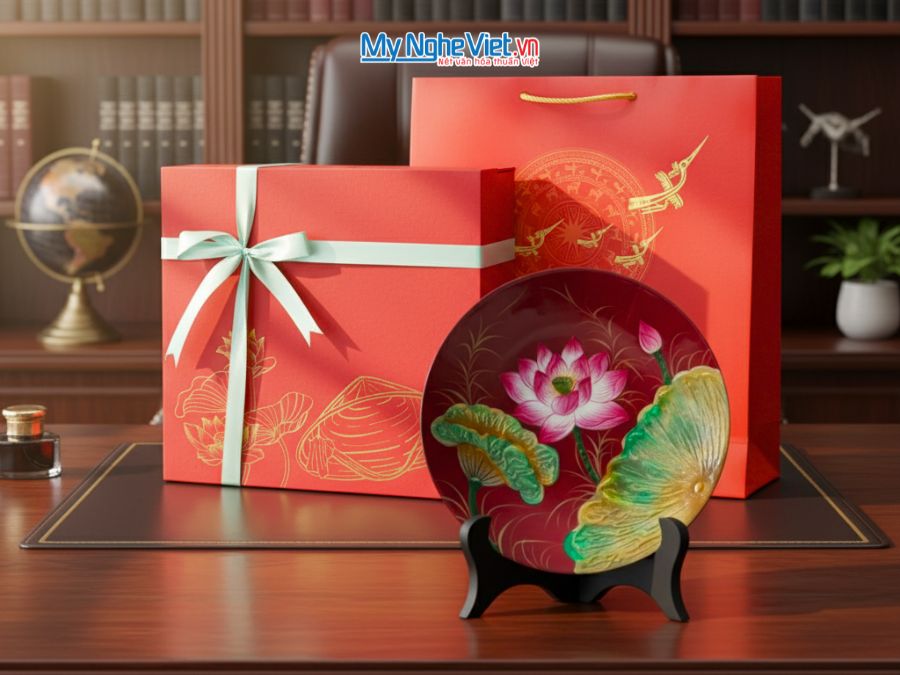 Tranh Đĩa Sơn Mài Hoa Sen Đắp Nổi Nền Đỏ D25cm TD25-3