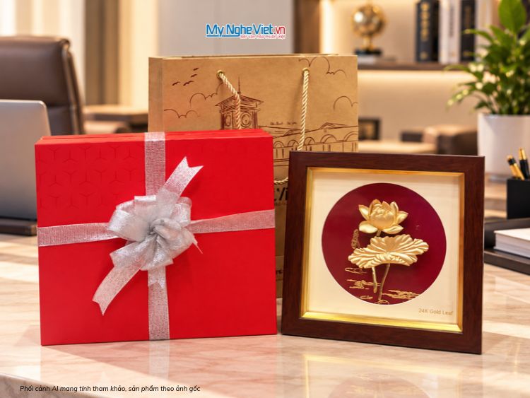 Tranh Hoa Sen Dát Vàng 24k Nền Đỏ Để Bàn - MNVHD04.1