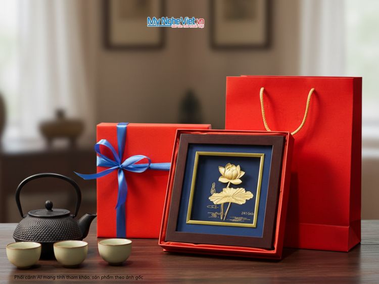  Tranh Hoa Sen Dát Vàng 24k Nền Xanh Để Bàn 20x20cm - MNVHD04.2