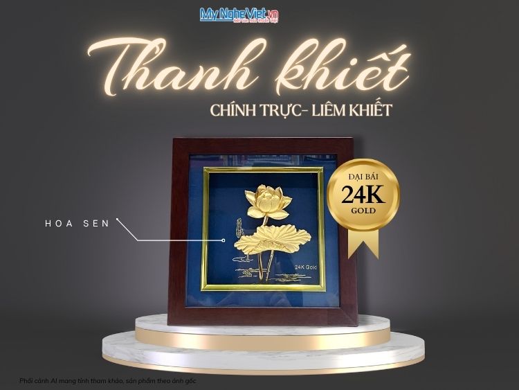  Tranh Hoa Sen Dát Vàng 24k Nền Xanh Để Bàn 20x20cm - MNVHD04.2