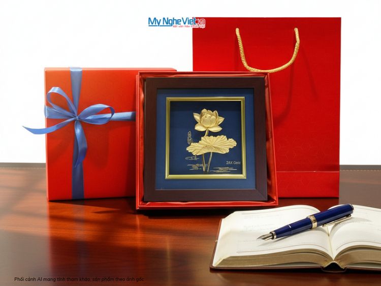 Tranh Hoa Sen Dát Vàng 24k Nền Xanh Để Bàn 20x20cm - MNVHD04.2