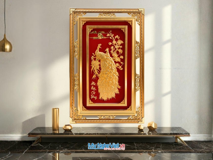 Tranh Đồng Cặp Chim Công Dát Vàng 24k Nền Đỏ (71x109)cm TD71