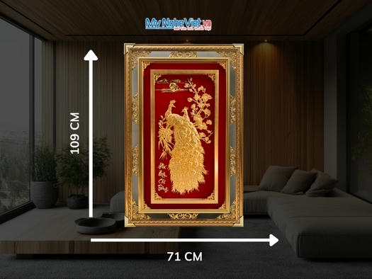 Tranh Đồng Cặp Chim Công Dát Vàng 24k Nền Đỏ (71x109)cm TD71