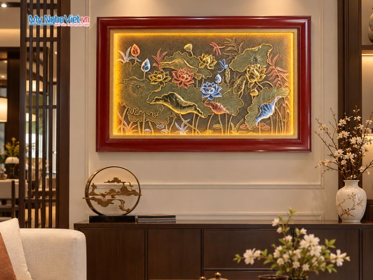 Tranh Đồng Giả Cổ Hoa Sen 75x120cmTD75120