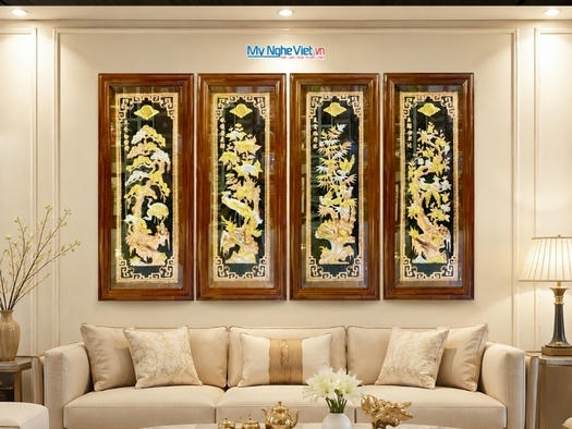 Bộ Tranh Đồng Tứ Quý Tùng Cúc Trúc Mai Dát Vàng (100 x 152)cm MNV-TD100