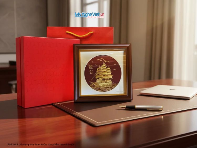 Tranh Thuận Buồm Dát Vàng 24k Nền Đỏ Để Bàn - MNVHD04.4