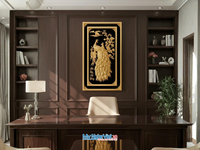 Tranh Đồng Cặp Chim Công Dát Vàng 24k Nền Đen 71x109(cm) TD71-1