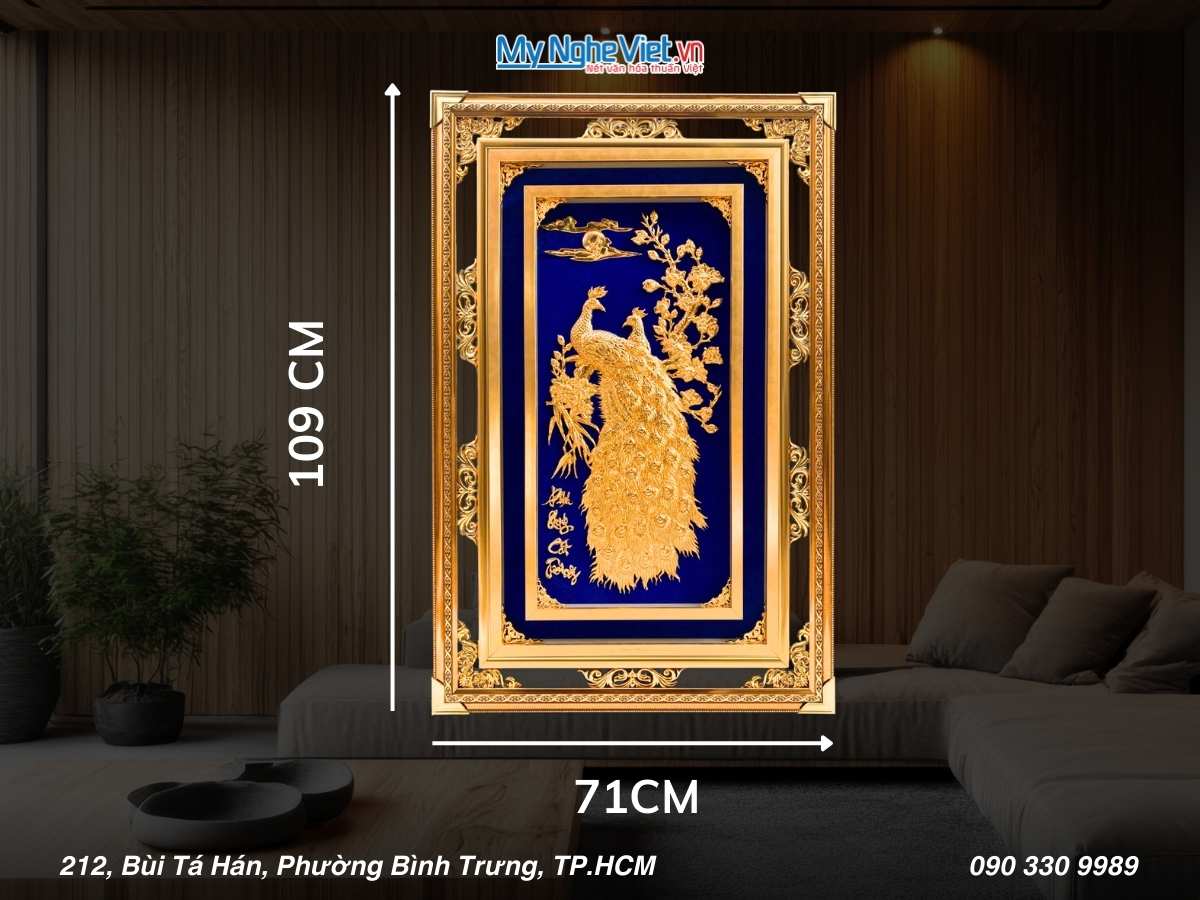 Tranh đồng Cặp Chim Công dát vàng 24k nền xanh 71x109 TD71-2