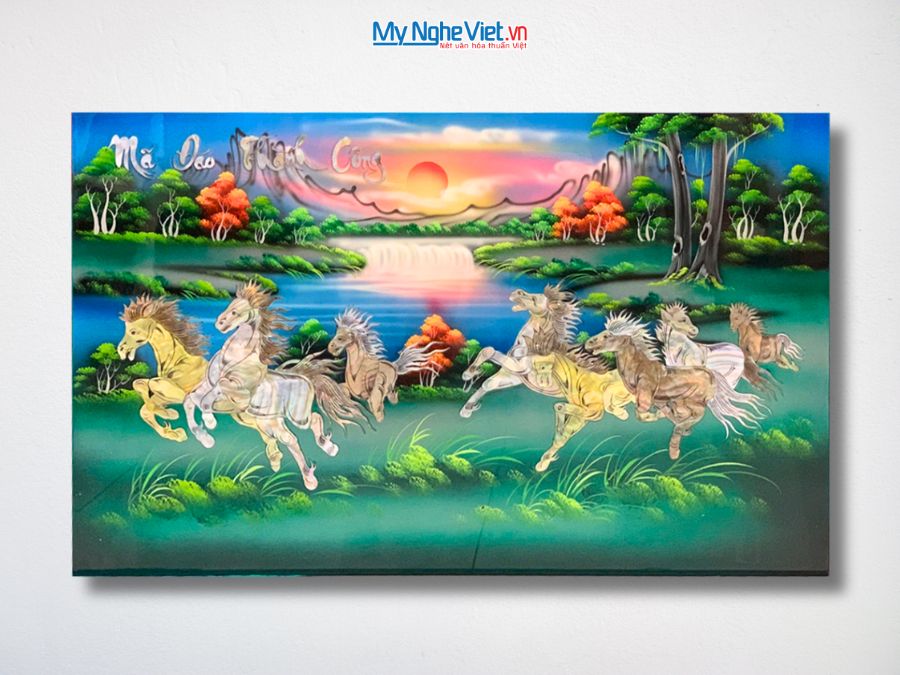 Tranh Mã Đáo Thành Công Cẩn Ốc Nền Xanh 50x80cm TSM588