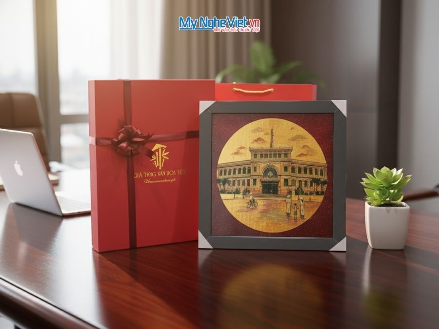 Tranh Sơn Mài Bưu Điện Trung Tâm Sài Gòn 35x35cm TBL013