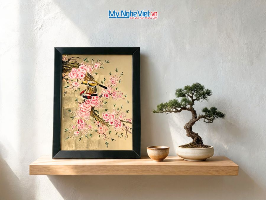 Tranh Sơn Mài Đôi Chim Sẻ Dát Vàng 35x45cm MNV-TSM3545/5