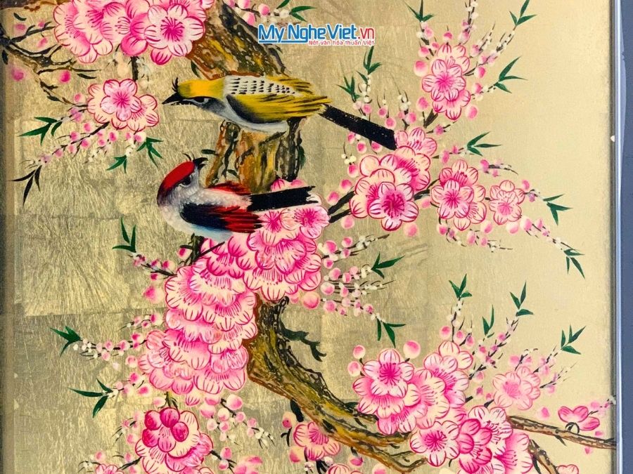 Tranh Sơn Mài Đôi Chim Sẻ Dát Vàng 35x45cm MNV-TSM3545/5