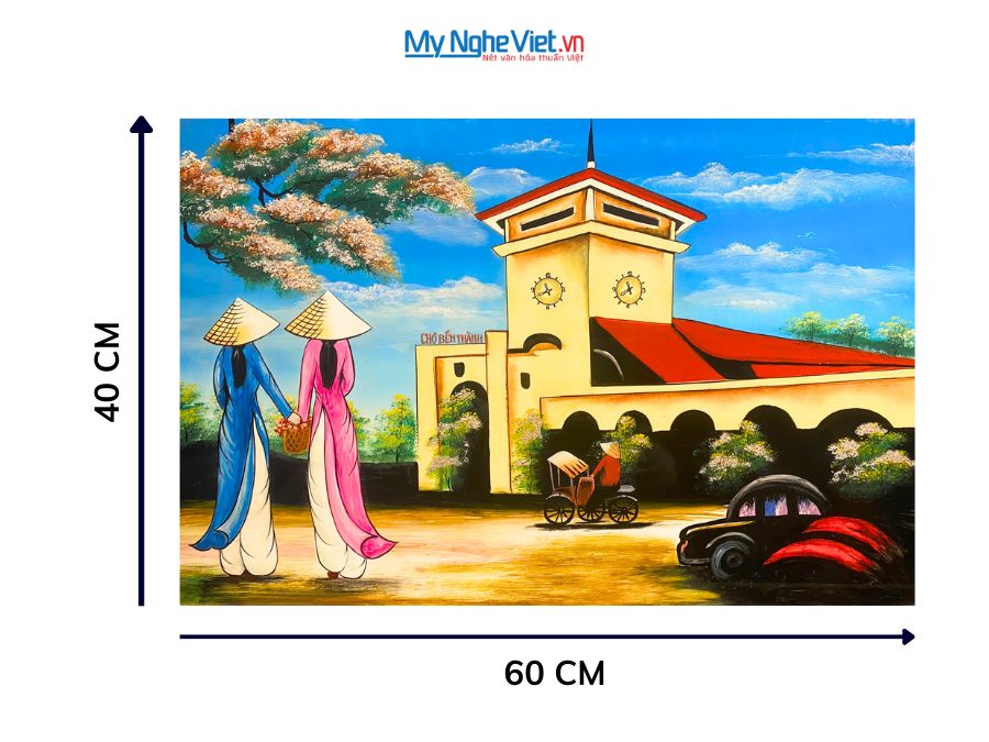 Tranh sơn mài Chợ Bến Thành Vẽ Tay 40x60cm MNV-TSM46-34
