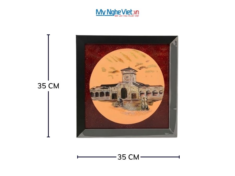 Tranh sơn mài Chợ Bến Thành 35x35cm MNVTBL005