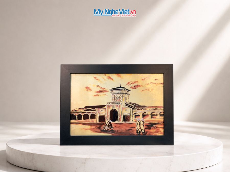 Tranh Sơn Mài Chợ Bến Thành Dát Vàng 25x35cm tsm2535