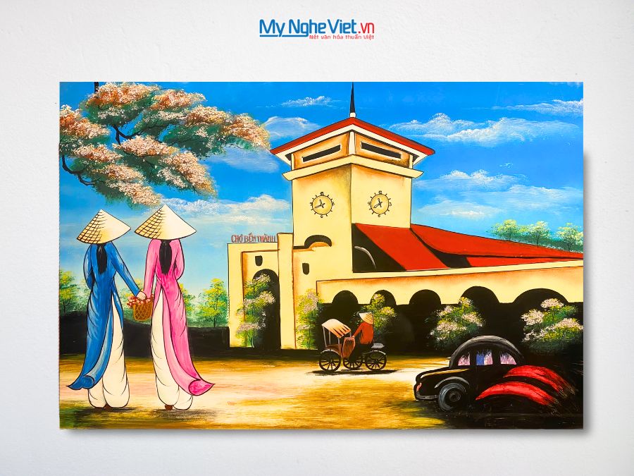 Tranh sơn mài Chợ Bến Thành Vẽ Tay 40x60cm MNV-TSM46-34