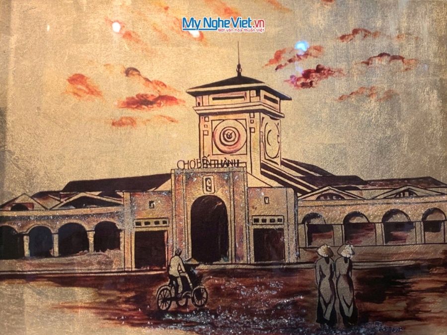 Tranh Sơn Mài Chợ Bến Thành Dát Vàng 35x45cm TSM3545-1.5/1