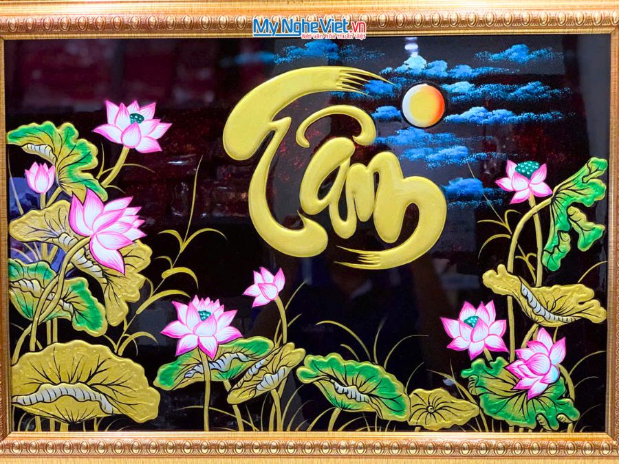 Tranh Sơn Mài Chữ Tâm Đắp Nổi Phù Điêu 48x68cm MNV-TSM464-2.1