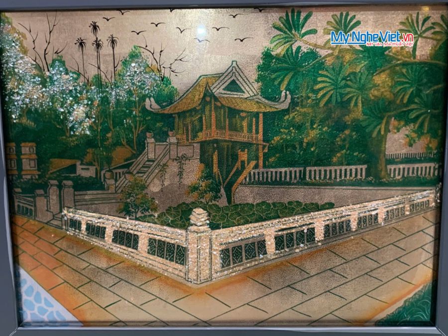 Tranh sơn mài Chùa Một Cột Dát Bạc 35x45cm TSM3545-1.1