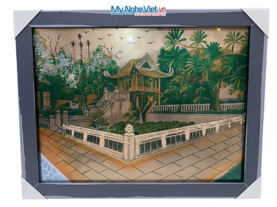 Tranh sơn mài Chùa Một Cột Dát Bạc 35x45cm TSM3545-1.1
