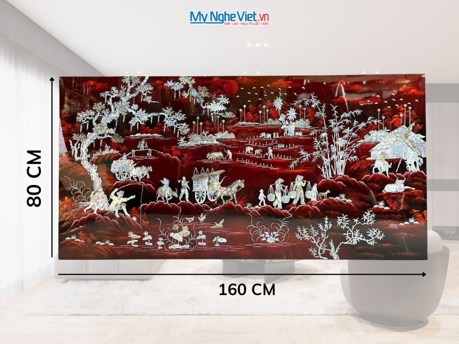 Tranh Sơn Mài Đồng Quê Cẩn Ốc Nền Ấm 80x160cm TSM8161-1.1