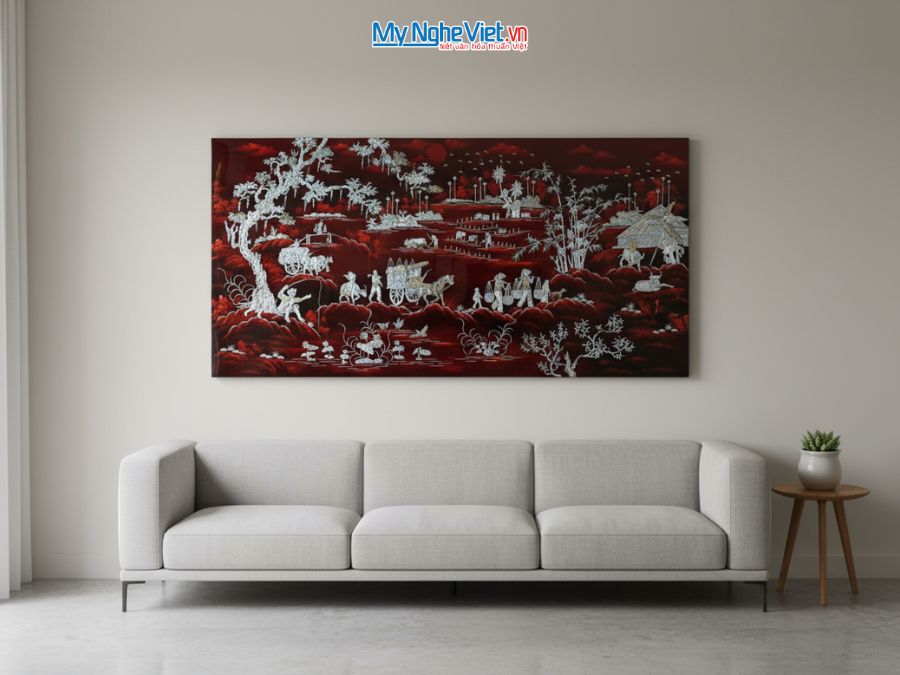 Tranh Sơn Mài Đồng Quê Cẩn Ốc Nền Ấm 80x160cm TSM8161-1.1