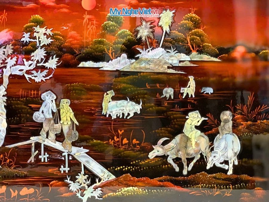 Tranh Sơn Mài Đồng Quê Cẩn Ốc Nền Ấm 40x60cm TSM76/1