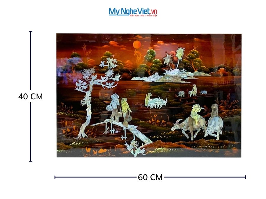 Tranh Sơn Mài Đồng Quê Cẩn Ốc Nền Ấm 40x60cm TSM76/1