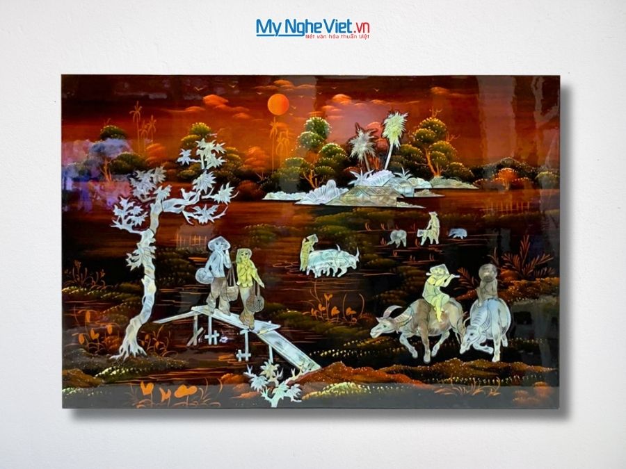 Tranh Sơn Mài Đồng Quê Cẩn Ốc Nền Ấm 40x60cm TSM76/1
