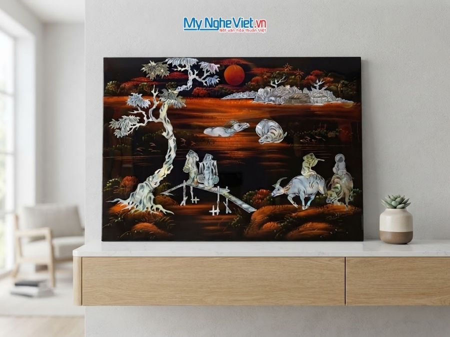 Tranh Sơn Mài Đồng Quê Cẩn Ốc Chìm Nền Ấm 30x40cm MNV-TSM34-279.1