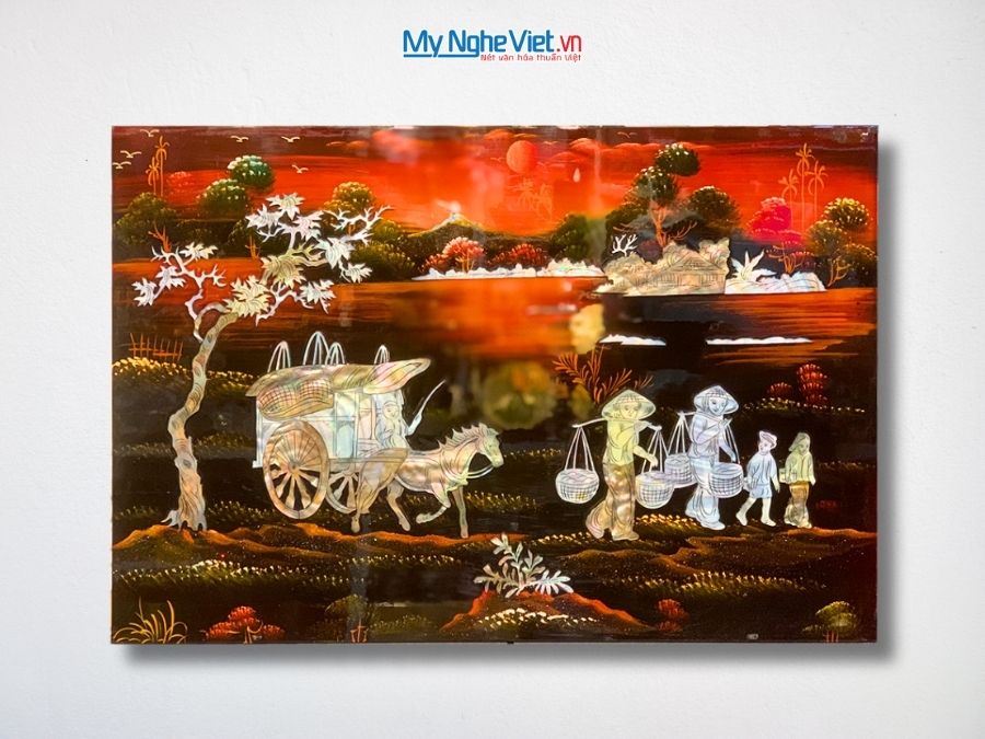 Tranh Sơn Mài Đồng Quê Cẩn Ốc Nền Ấm 40x60cm TSM4631-1