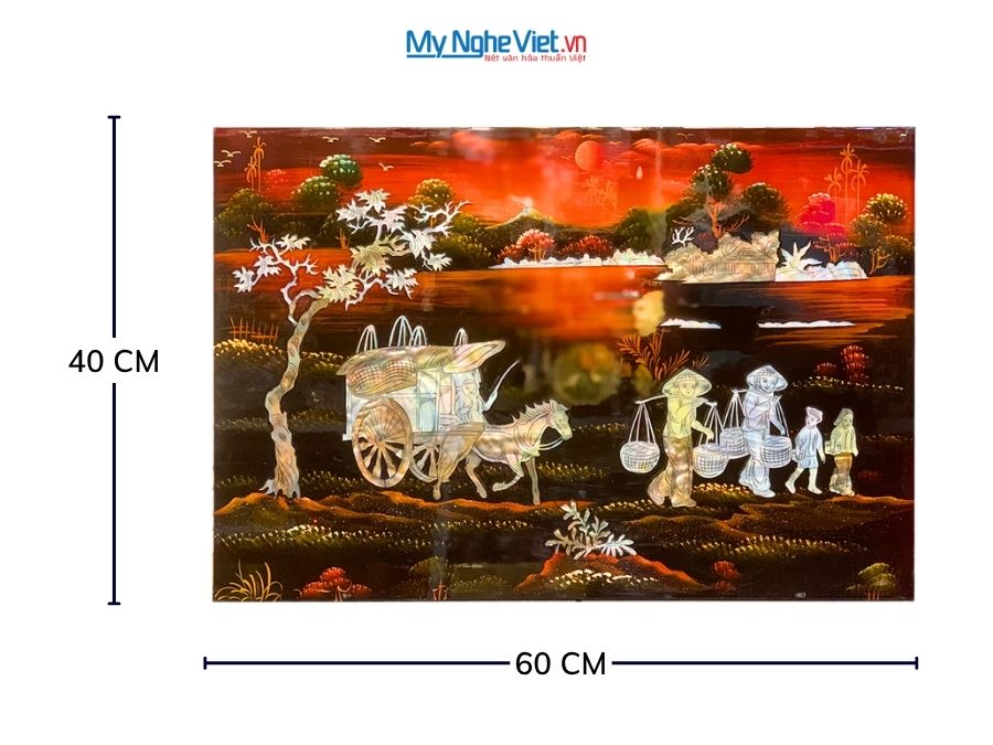 Tranh Sơn Mài Đồng Quê Cẩn Ốc Nền Ấm 40x60cm TSM4631-1