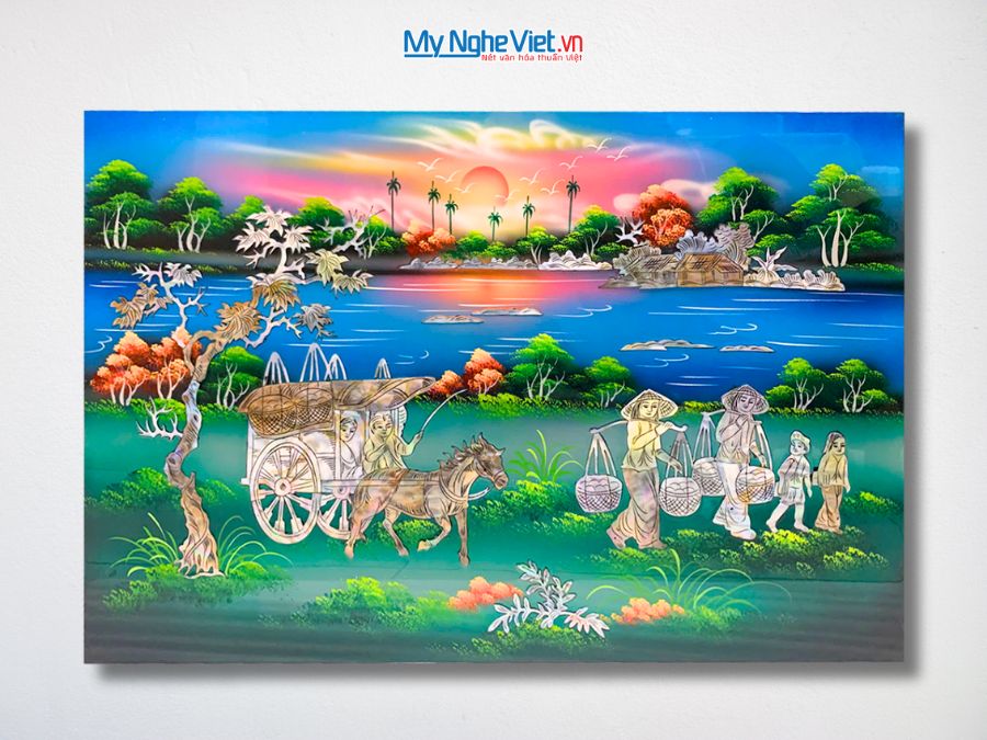 Tranh Sơn Mài Đồng Quê Cẩn Ốc Nền Xanh 40x60cm SM4631