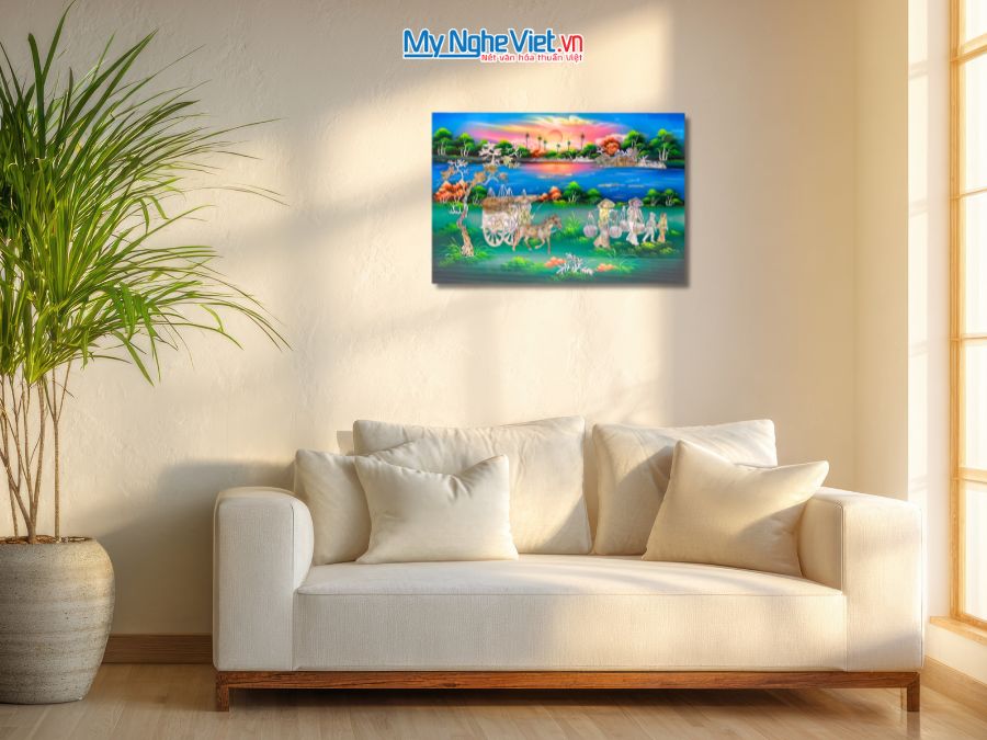 Tranh Sơn Mài Đồng Quê Cẩn Ốc Nền Xanh 40x60cm SM4631