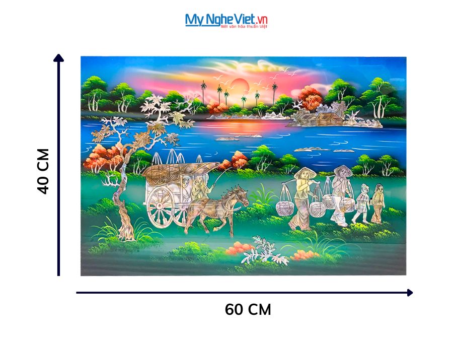 Tranh Sơn Mài Đồng Quê Cẩn Ốc Nền Xanh 40x60cm SM4631