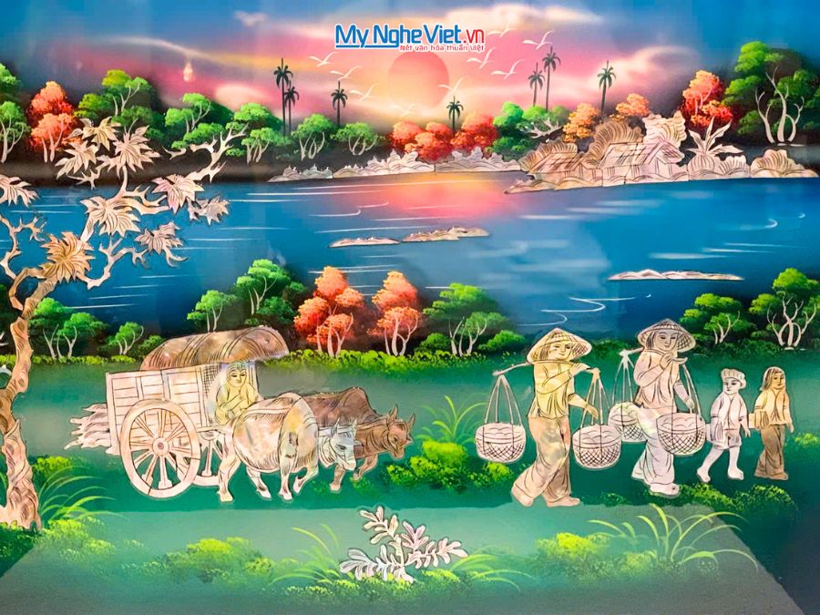 Tranh Sơn Mài Đồng Quê Cẩn Ốc Nền Xanh 40x60cm TSM4631XB