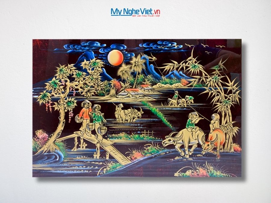 Tranh Sơn Mài Đồng Quê Đắp Nổi Phù Điêu 40x60cm MNV-TSM468-2