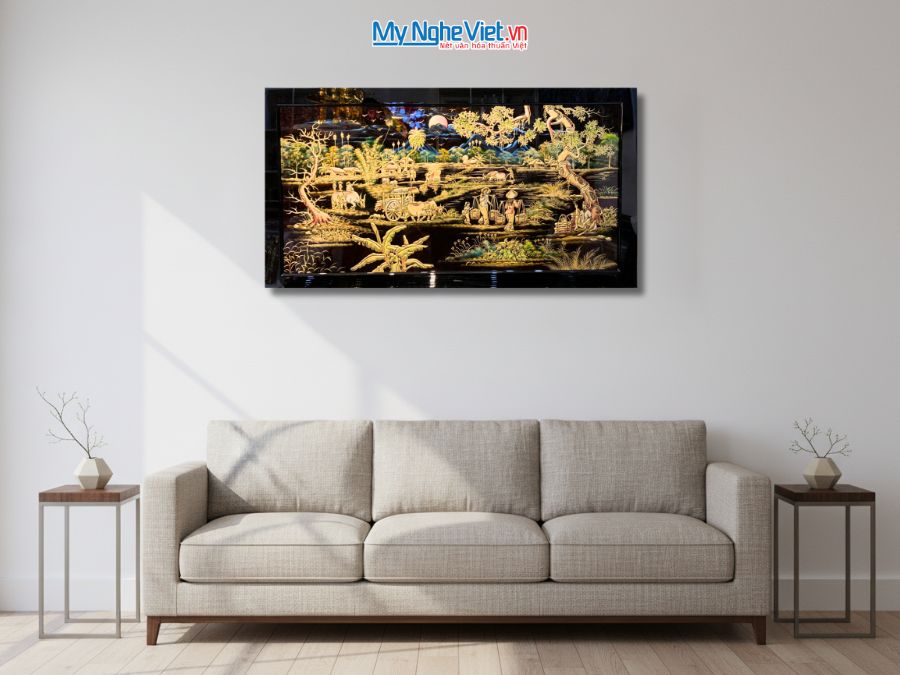 Tranh Sơn Mài Đồng Quê Đắp Nổi Phù Điêu 73x132cm TSM7135-1
