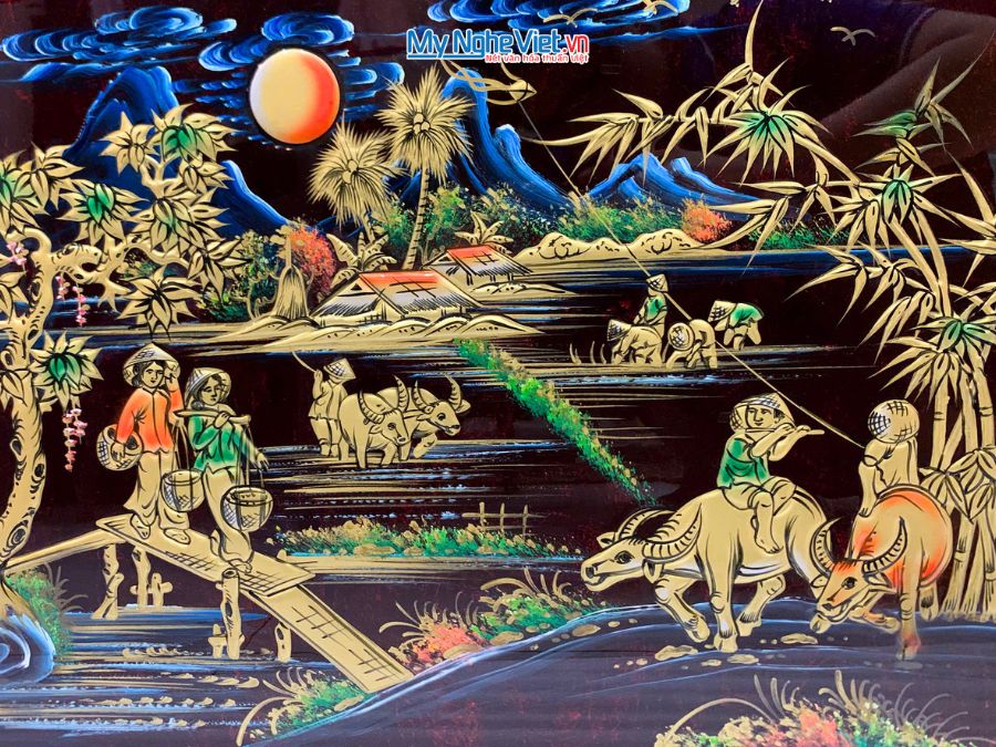 Tranh Sơn Mài Đồng Quê Đắp Nổi Phù Điêu 40x60cm SM4631